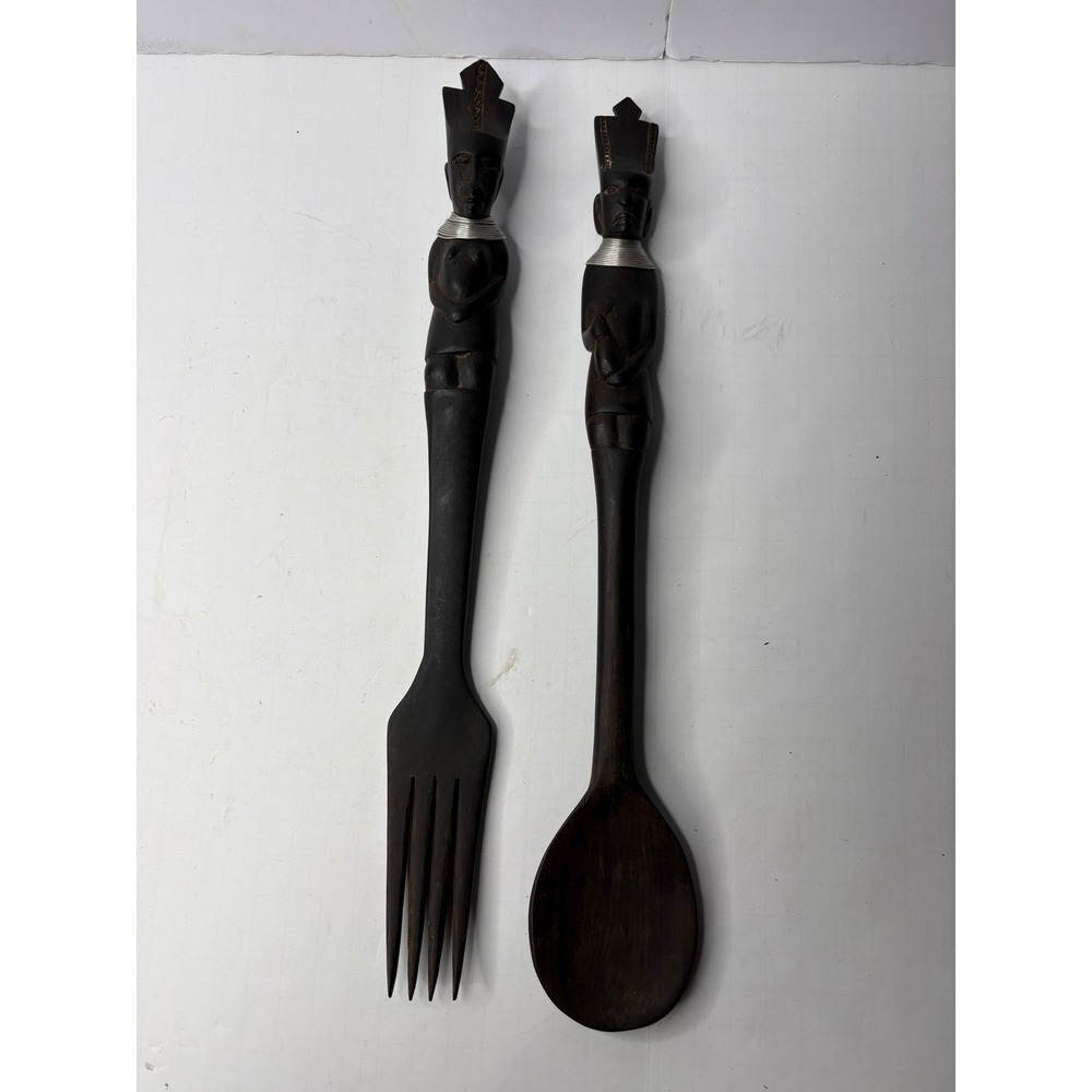Vintage African Hand Carved Wood‎ Tribal Salad Server Set Fork Spoon Figural 15"
